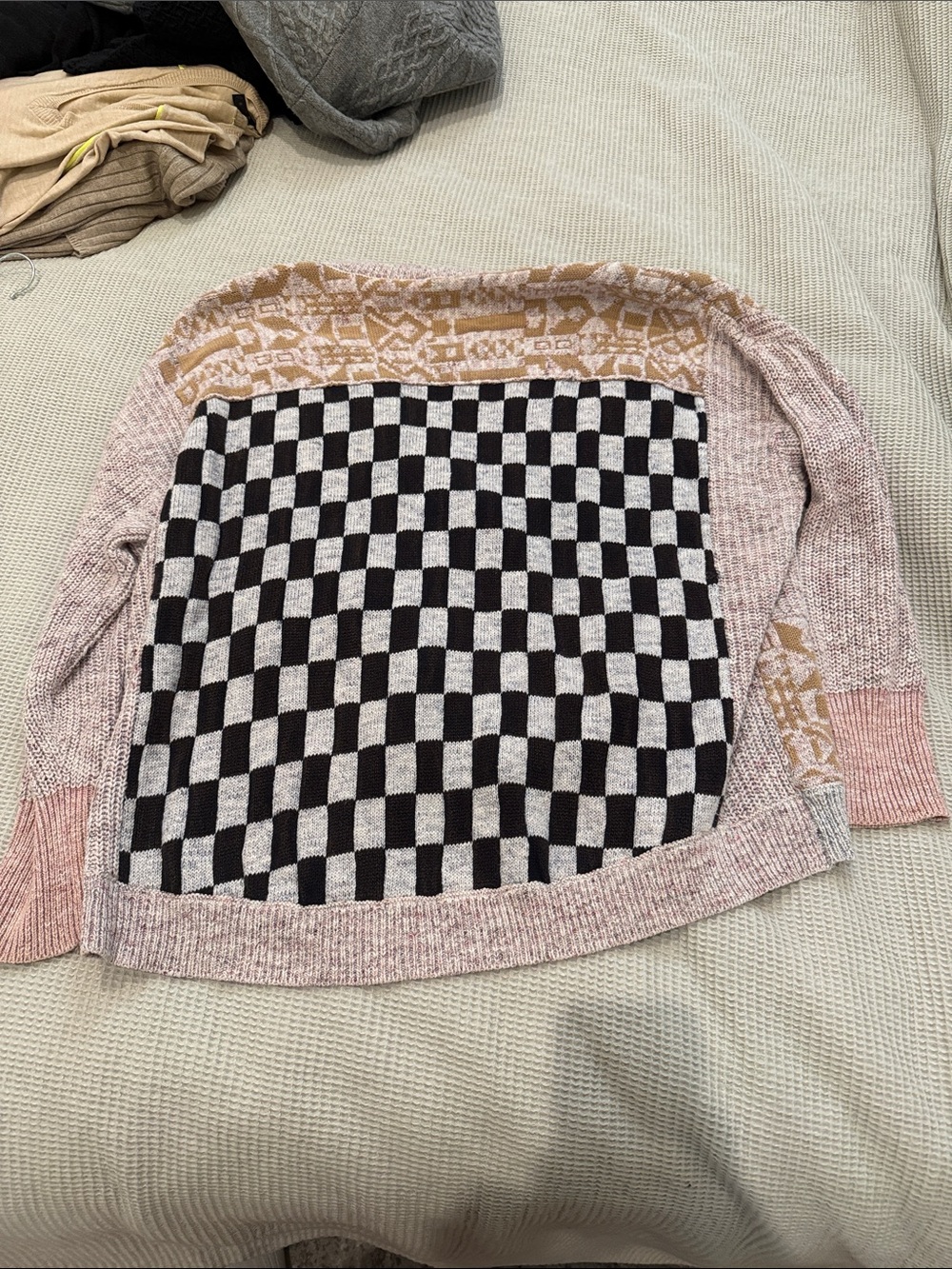 Pilcro Women's Patchwork Knit Cardigan Sweater - Pink, Beige & Black - Picture 2 of 2